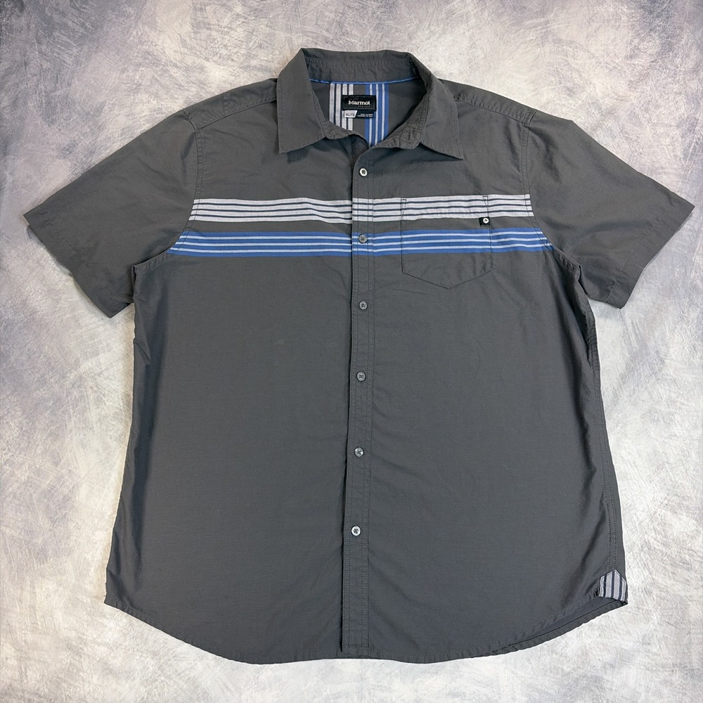 Marmot Button Down Shirt Mens XL Gray Blue Striped Short Sleeve Outdoor Casual